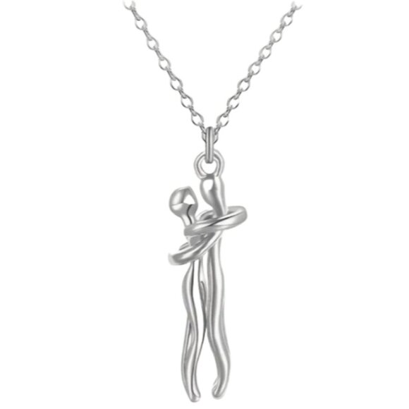 Stainless Steel Hugging Couple Pendant Necklace - Silver Male & Silver Female - Picture 1 of 3